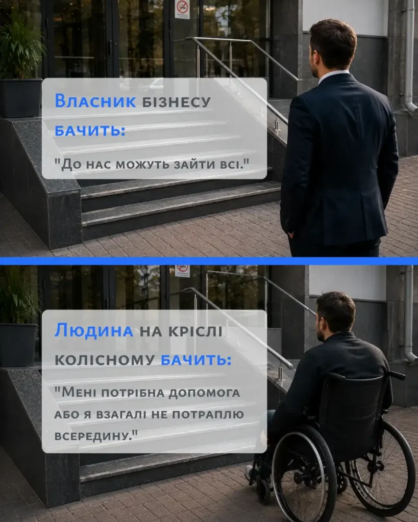 власник каже заходьте всі, людина на візку не потрапляє всередину